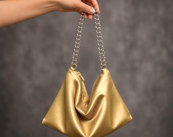 Satin Handbag, Chain Handle Bag, Slouchy Evening Purse, Minimalist Top Handle Bag, Women's Mini Handbag