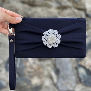 Navy Blue Color Clutch With Bow, Wristlet Clutch, Bridesmaid Gift, Wedding Gift, Zipper Pouch, With Lace