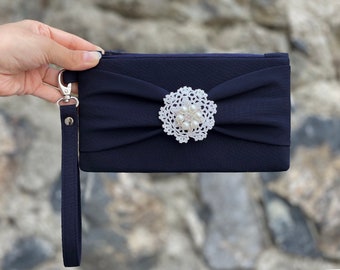 Navy Blue Color Clutch With Bow, Wristlet Clutch, Bridesmaid Gift, Wedding Gift, Zipper Pouch, With Lace