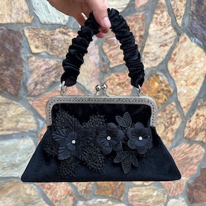Black Evening Handbag Clutch Purse Bag, Kiss Lock frame Handbag Clutch Silver Frame,
