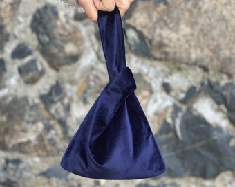 Simple Small Elegant Bag, Japanese Knot Bag Purse Velvet Wedding, Prom Purse, Special Occasion, Navy Blue,  -Color Option