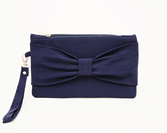 Bow Wristelt Clutch In Custom Colors, Bridesmaid Gift, Wedding Gift, Zipper Pouch, Evening Clutch, Occasion Clutch Bag, Navy