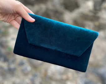 Teal Velvet Evening Envelop Clutch Bag With Wristlet, Evening Bag, Occasion Clutch Bag, With Removable Handle, Teal