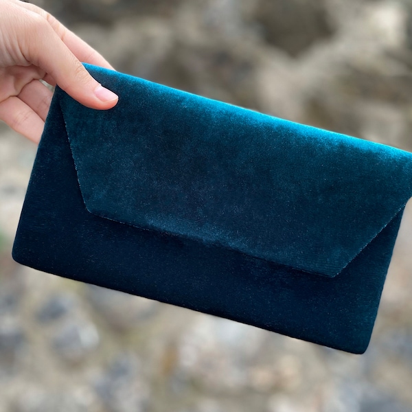 Teal Velvet Evening Envelop Clutch Bag With Wristlet, Evening Bag, Occasion Clutch Bag, With Removable Handle, Teal Blue