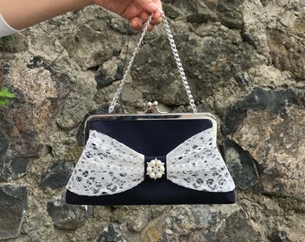 Navy Evening Bag  Embriodered Kiss Frame Purse Clutch Bag, Evening Handbag Clutch With Long Chain, Navy- Color Option