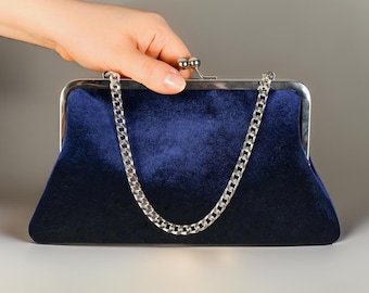 Velvet Kiss frame Evening Clutch Purse, Chain Shoulder Bag, Evening Bag, Navy Blue - COLOR OPTION