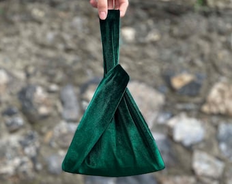 Emerald Green Japanese Knot Bag Purse Style With Square Bottom In Velvet, Prom Purse, Special Occasion, Simple Elegant Bag - Color Option