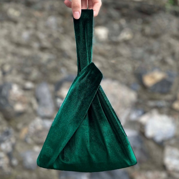 Emerald Green Japanese Knot Bag Purse Style With Square Bottom In Velvet, Prom Purse, Special Occasion, Simple Elegant Bag - Color Option