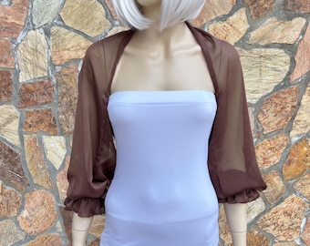 Brown Sheer Chiffon Evening Bolero – Ruffled Wristlets Formal Shrug Jacket (30+ Colors)
