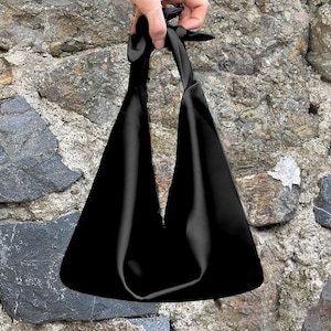 Black Simple Minimal Wedding & Evening Purse Bag, Furoshiki Japanese Satin Knot Purse Bag, Small Knot Bag Satin, Evening Clutch Bag,