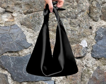 Bolso de boda minimalista simple y bolso de noche, bolso de bolso de nudo de satén japonés Furoshiki, bolso de nudo pequeño satinado, bolso de embrague de noche, negro