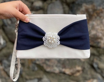 Extra Deep Clutch, Ivory And Navy Blue Color Clutch With Bow, Wristlet Clutch, Bridesmaid Gift, Wedding Gift, Zipper Pouch, With Lace