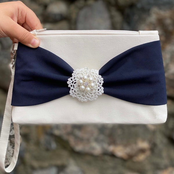 Extra Deep Clutch, Ivory And Navy Blue Color Clutch With Bow, Wristlet Clutch, Bridesmaid Gift, Wedding Gift, Zipper Pouch, With Lace