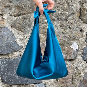 Minimal Furoshiki Japanese Satin Knot Purse Bag, Small Knot Bag Satin, Evening Clutch Bag, Teal Blue