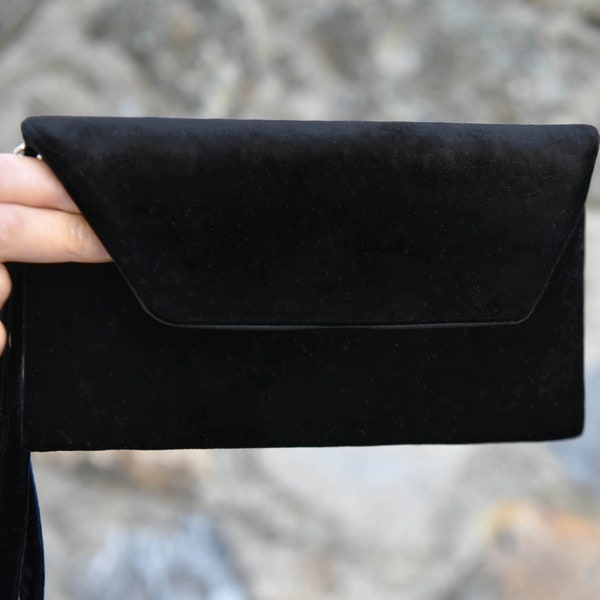 Black  Evening Envelop Clutch Bag With Wristlet,, Evening Bag, Occasion Clutch Bag, With Removable Handle