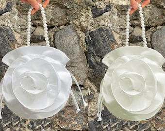 Bridal Purse & Shoulder Bag With Ivory Faux Perl Handle, Wedding Clutch Bag, Evening Shoulder Bag, With Rose Flower, White, Ivory Color