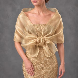 May include: A gold organza shawl draped over the shoulders, featuring a large, voluminous bow tied at the center front. The shawl is worn over a matching gold sleeveless dress with an intricate floral lace pattern throughout the fabric.