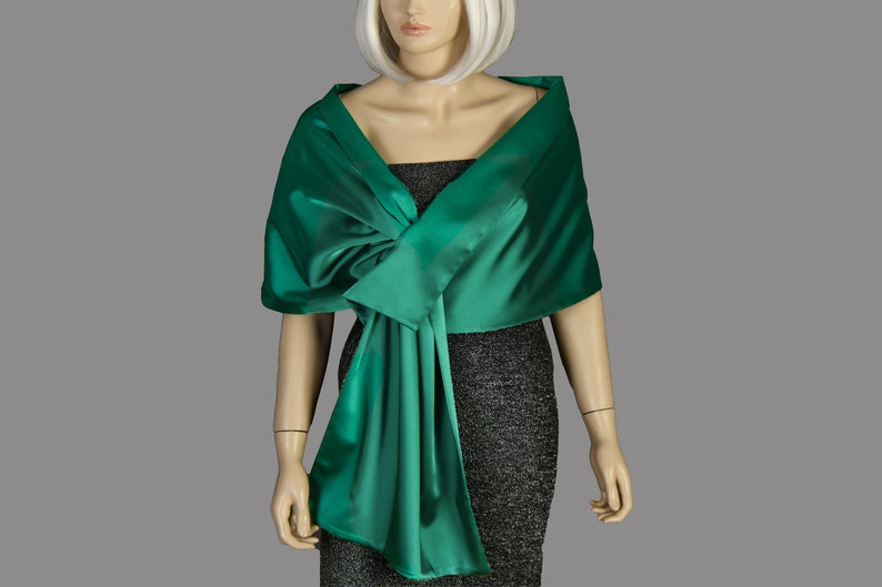 Emerald Green Satin Shawl Wrap, Stole Shawl Wrap Shrug, Formal Pull Through Dress Cover Up, Hands Free Shoulder Wrap image 1