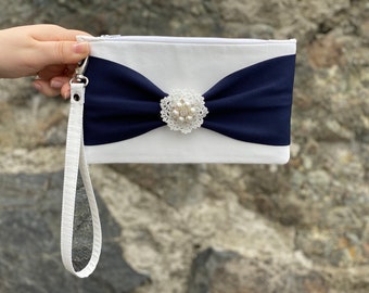 Ivory And Navy Blue Color Clutch With Bow, Wristlet Clutch, Bridesmaid Gift, Wedding Gift, Zipper Pouch, With Lace