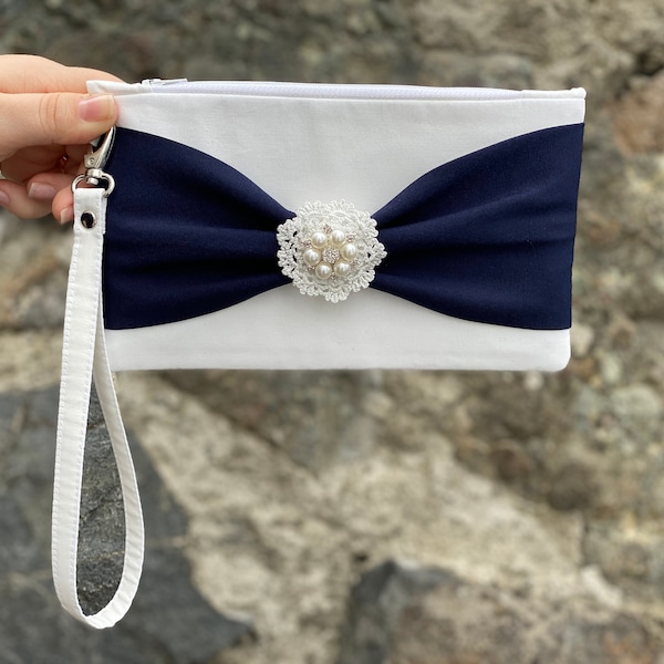 Ivory And Navy Blue Color Clutch With Bow, Wristlet Clutch, Bridesmaid Gift, Wedding Gift, Zipper Pouch, With Lace