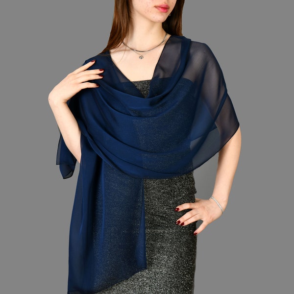 Navy Chiffon Shawl Wrap Bolero, Wedding Shrug, Extra Long Option Available, Navy