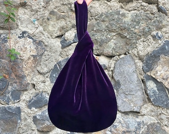 Bolso de nudo japonés bolso de terciopelo púrpura profundo boda, bolso de fiesta, ocasión especial, bolso elegante simple, vestido de noche, púrpura profundo