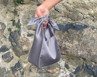 Bolso de boda gris, bolso de boda, bolso de noche, bolso de nudo japonés, Furoshiki