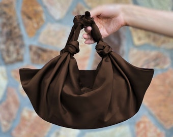 Furoshiki Satin Knot Handbag, Satin Knot Bag Satin, Special Occasion Clutch Bag, Brown-Color option