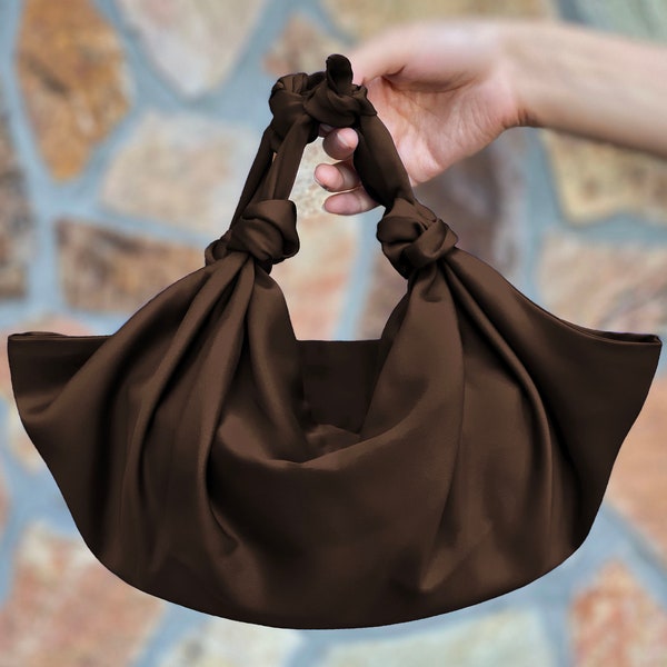 REDESIGNED- Furoshiki Satin Knot Handbag, Satin Knot Bag Satin, Special Occasion Clutch Bag, Brown-Color option