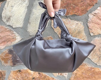 REDESIGNED- Furoshiki Satin Knot Handbag, Small Knot Bag Satin, Special Occasion Clutch Bag, Silver Gray-Color option