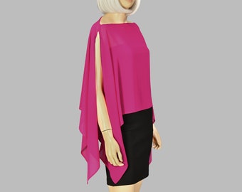 Luxurious Chiffon Shawl Wrap Bolero, Wedding Capes Bridal Capelet Chiffon Shrug Shawls and Wraps for Evening Dress, Fuchsia, Hot Pink