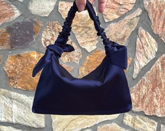 Small Satin Evening Prom Purse bag,Simple Small Satin Elegant Bag -Navy Blue