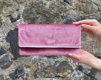 Evening Envelop Clutch Bag With Removable Wristlet Handle In Color Old Rose Pink Clutch With Pink Bia Trim - Custom COLOR CHOICE available