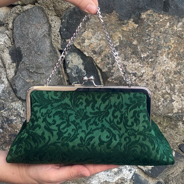 Emerald Green Retro Clutch Bag, Frame Clutch Handbag, Extra Deep Bridal Kisslock Clutch With Handle