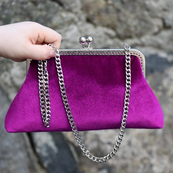 Violet Purple Shoulder Purse Bag For Events With Silver Chain Strap Option, Evening Handbag Clutch with long chain-With Color Option