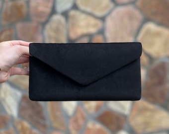 Black  Evening Envelop Clutch Bag With Removable Wristlet, Evening Bag, Occasion Clutch Bag, Velvet, Black