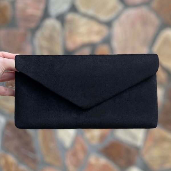 Black  Evening Envelop Clutch Bag With Removable Wristlet, Evening Bag, Occasion Clutch Bag, Velvet, Black