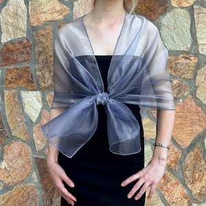 Dusty Blue Organza Shawl Wrap Stole Bolero Summer Spring Wedding Evening, Twilight Color, Slate Blue, French Blue