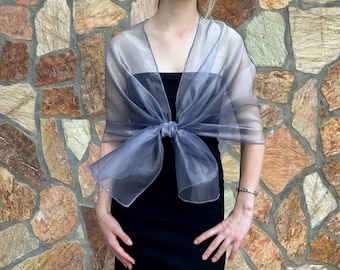 Dusty Blue Organza Shawl Wrap Stole Bolero Summer Spring Wedding Evening, Twilight Color, Slate Blue, French Blue