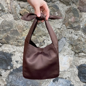 Japanese Knot Bag Purse, Furoshiki Bag, Small Satin Pouch Bag, Brown