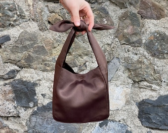 Japanese Knot Bag Purse, Furoshiki Bag, Small Satin Pouch Bag, Brown