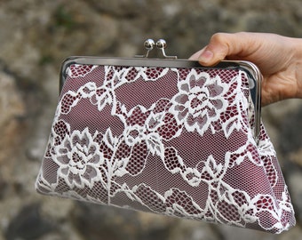 Evening Handbag Clutch, Bridal Clutch With Hidden Chain Handle, Bridesmaid Gift, Wedding Clutch, Bordeaux, off white