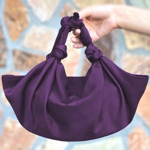 Furoshiki Satin Knot Handbag With Zippered Pouch Bag For Wedding, Satin Knot Bag for evening,l Occasion Clutch Bag, Eggplant, Redish Purple