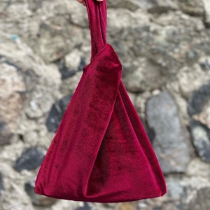 Japanese Knot Bag Purse Style With Square Bottom In Velvet, Prom Purse, Special Occasion, Simple Elegant Bag, Red - Color Option
