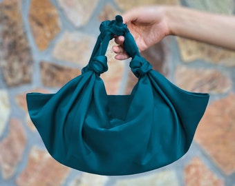 REDISEÑADO- Bolso de nudo satinado Furoshiki, bolso de nudo satinado satinado, bolso clutch para ocasiones especiales, azul tinta, verde azulado -Opción de color