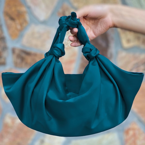 REDESIGNED- Furoshiki Satin Knot Handbag, Satin Knot Bag Satin, Special Occasion Clutch Bag, Ink Blue, Teal -Color option