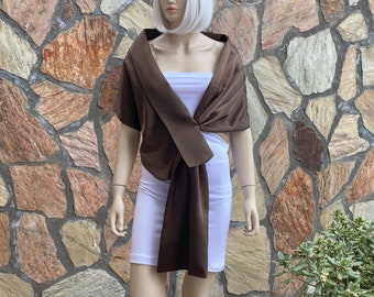 Brown Satin Shawl Wrap, Stole Shawl Wrap Shrug, Formal Pull Through Dress Cover Up, Hands Free Shoulder Wrap