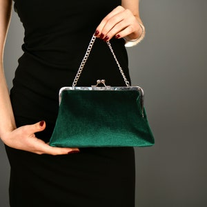 Velvet Evening Handbag Clutch Purse Bag, Kiss Lock frame Handbag Clutch, With Chain Handle & Silver Frame, Emerald Green- COLOR OPTION