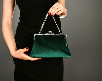 Velvet Evening Handbag Clutch Purse Bag, Kiss Lock frame Handbag Clutch, With Chain Handle & Silver Frame, Emerald Green- COLOR OPTION