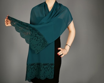 Châle de soirée de mariage léger avec bordure en dentelle, Boléro de mariage, Option très longue disponible, Vert sarcelle